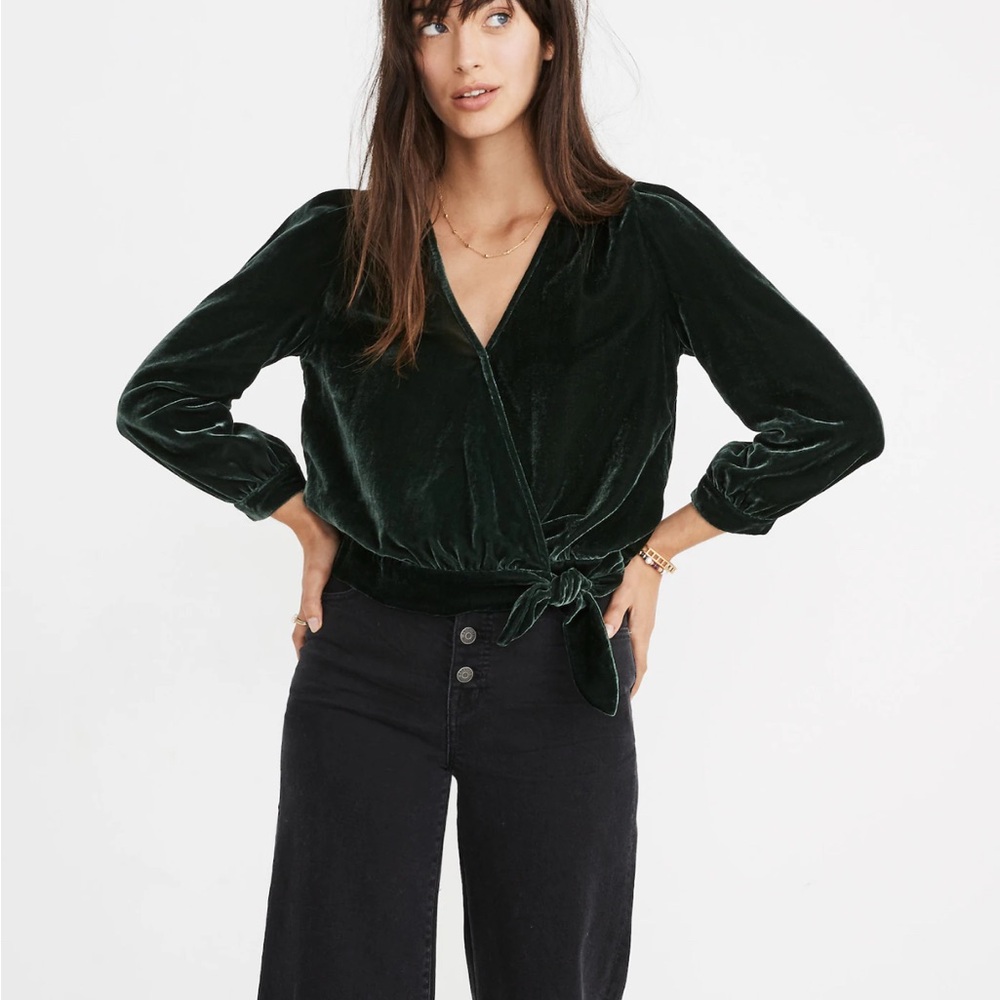 Madewell Velvet Wrap Blouse Deep Green tie side xxs boho cottage core‎